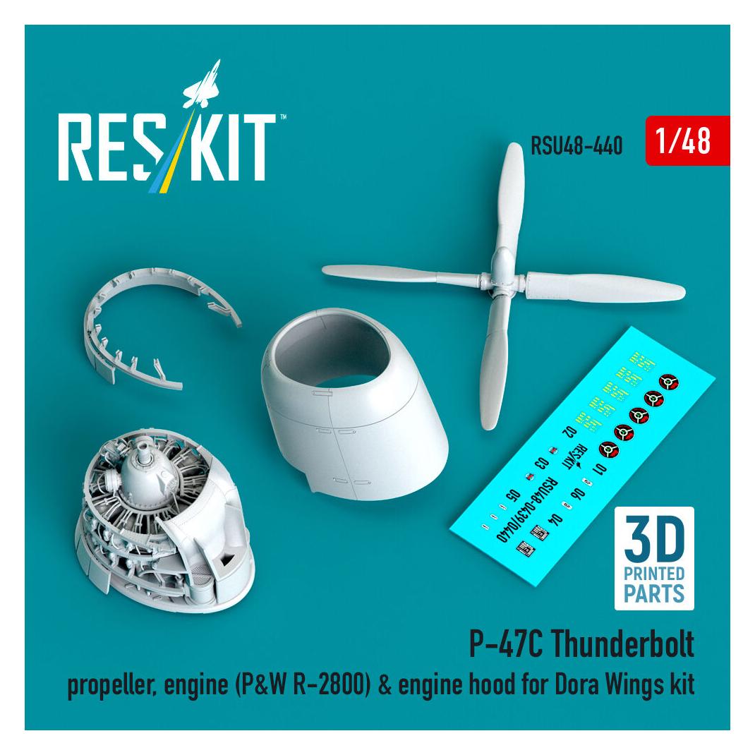 ResKit P-47C Thunderbolt propeller, engine (P&W R-2800) & engine hood (3D Printed) for Dora Wings (RSU48-0440)