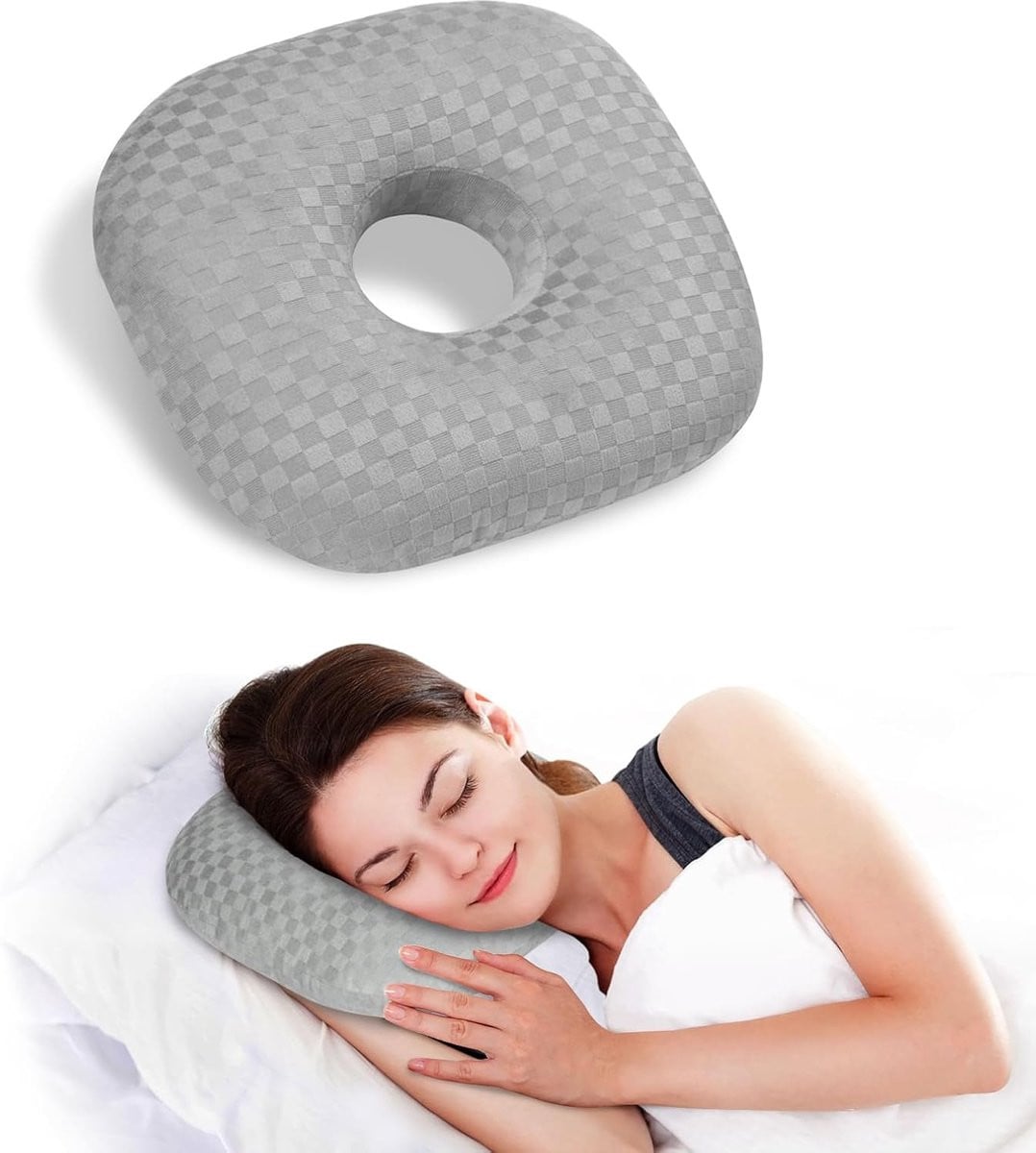 Grijs Piercing Kussen - O-vormig Donut Kussen voor Zijslapers met Oorpiercing