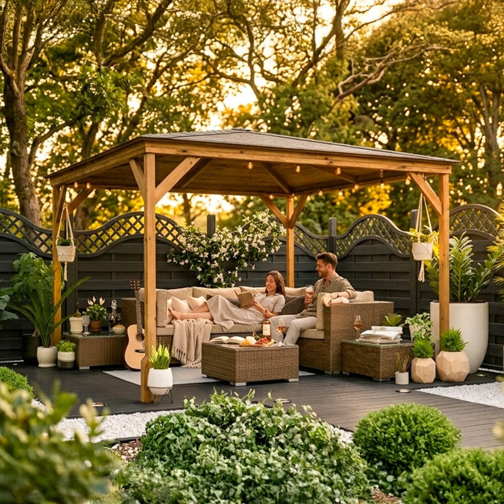 Dunster House Wooden Gazebo 3m x 3m Heavy Duty Garden Shelter Pressure Treated , Black Shingles Included, Utopia 300 Brown 313cm W X 313cm D X 243cm H