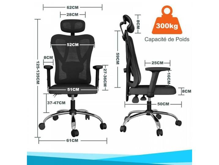 Chaise de Bureau Ergonomique VIVOLILV Office Chair à roulette Siège de Bureau Ergonomique Fauteuil 300 kg Noir Charge max 300 kg
