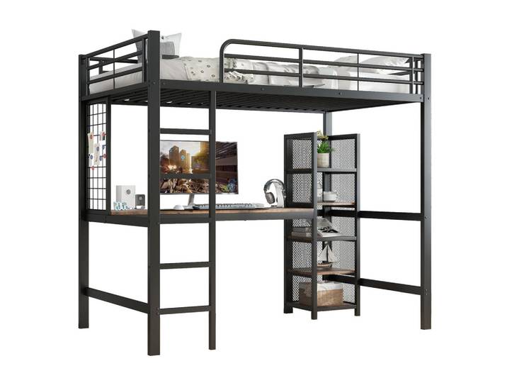 Okwish Hochbett 90/200 cm schwarz aus Metall mit Tisch und Regal mit Metallgitter, Schwarz, 90x200 cm, Babymöbel & Kindermöbel, Kinderzimmer & Jugendzimmer, Kinderbetten, Hochbetten