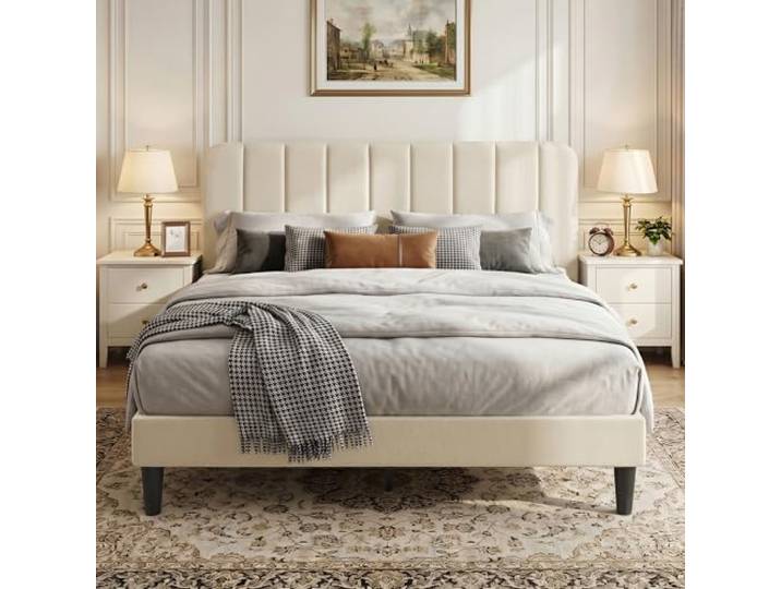 VECELO Polsterbett 140x200 cm, Doppelbett mit höhenverstellbarem Kopfteil, Samtbezug, Lattenrost, geräuscharmes Bettgestell, einfache Montage, Beige