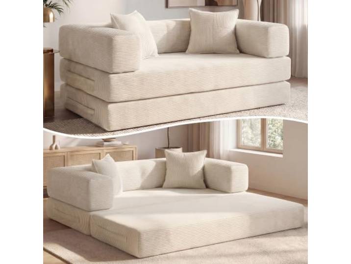 Vipbear Cordstoff Schlafsofa 160×90×70cm, 5-in-1 Umwandelbares Bodensofa aus Kord, Hochdichter Schaumstoff, Haustierfreundlich & Ergonomisch, Keine Montage, Weiß