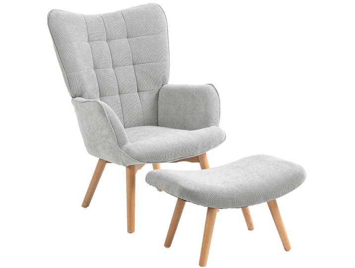 Redom Ohrensessel Set Polyester mit Hocker, Holzbeinen 72/80/101 cm Grau, 72x101x80 cm, Wohnzimmer, Sessel, Ohrensessel