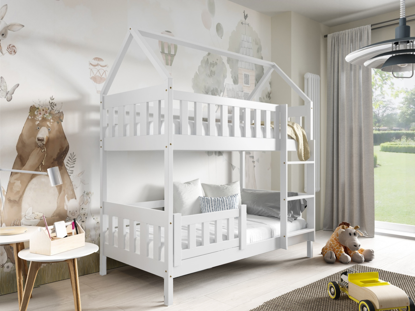 MTJMöbel Etagenbett ZUZIA 160x80cm, Hausbett, Kinderbett, Massivholzbett, Stockbett, Weiß Holz