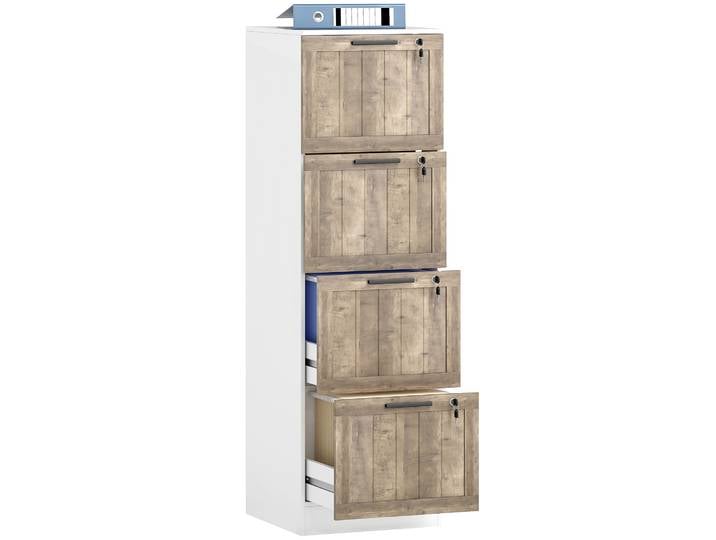 HOMCOM Cajonera de Escritorio con 4 Cajones Cerradura 2 Llaves Barras Colgantes para A4 Carta 39,4x40x129 cm Blanco y Madera