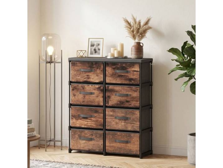 WUVRIE Commode 8 tiroirs en tissu structure métallique aspect bois rustique marron et noir