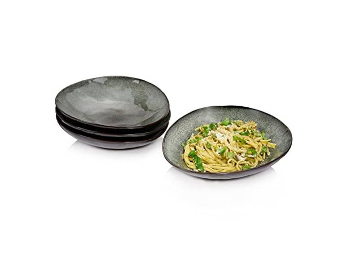 SÄNGER Pastateller Kopenhagen 4 tlg, Pasta Schüssel Set 4 Personen Steingut Geschirr Set für Pasta, Tellerset Spülmaschinenfest, Nudelteller, Bowl Schüssel Grau Grün 1l