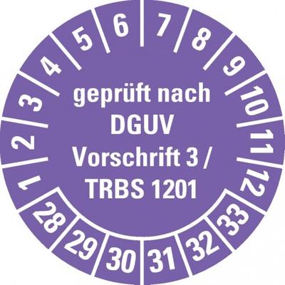 Dreifke® Prüfplakette DGUV Vorschrift 3/TRBS 1201, 28-33, violett, Dokufolie, Ø30mm, 18 Stk.