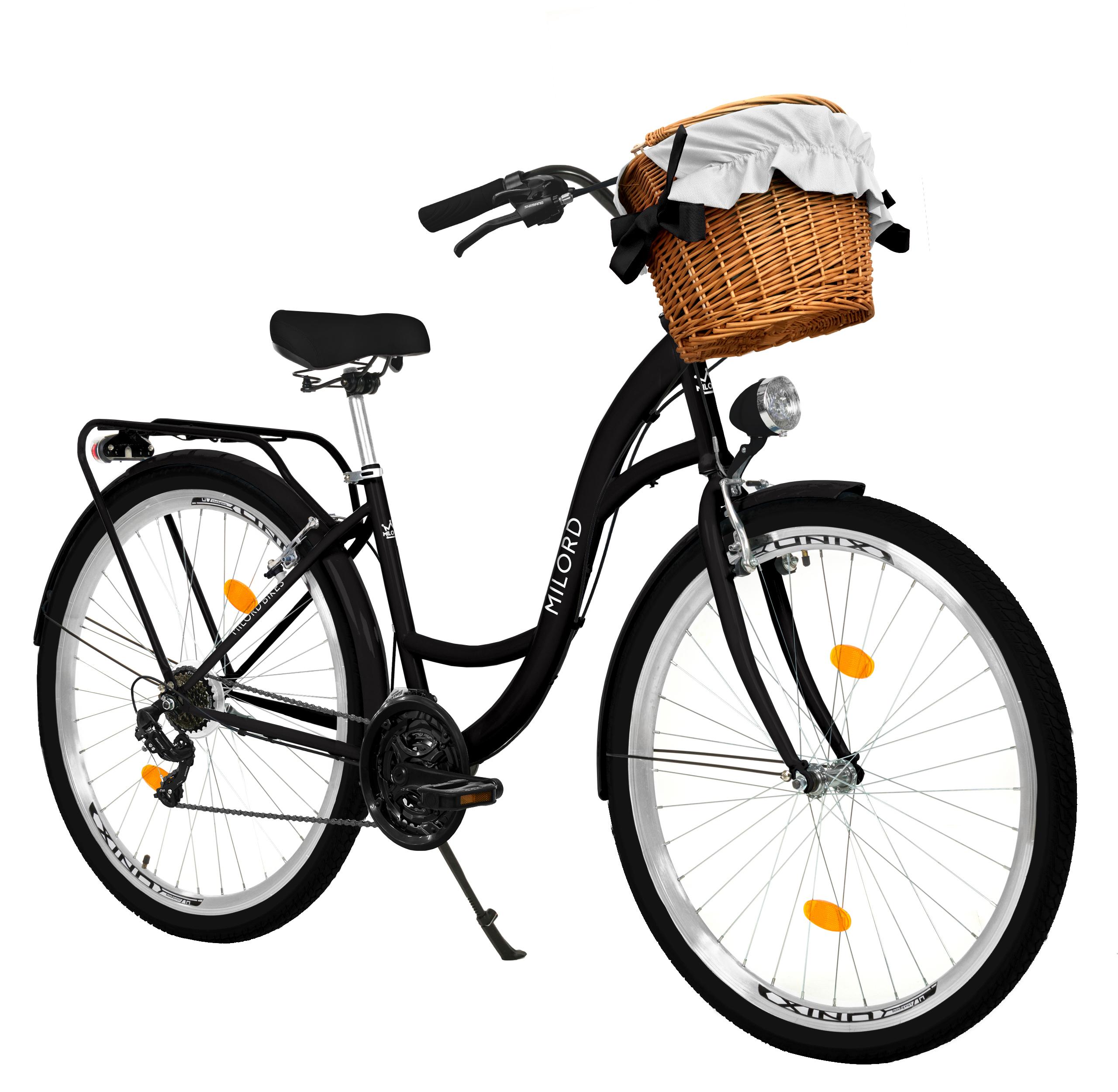 MILORD Damenfahrrad Citybike Komfort Mit Weidenkorb Hollandrad Fahrrad, 26 Zoll, 21-Gang, Schwarz