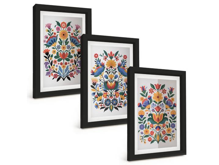 Tulup Bilder SET 3er Set - 20x30 cm Schwarzer Rahmen - Blumenmuster in intensiven Farben, Kunststoff, Rechteckig, 20x30 cm, einfache und schnelle Anbringung, Bilder & Rahmen, Bilder