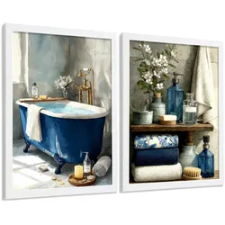 POSTER 2er-Set dekorative Badezimmer-Poster, moderne Wandbilder für Waschbecken, elegante Dekoration mit blauer Badewanne Weißer Rahmen A3
