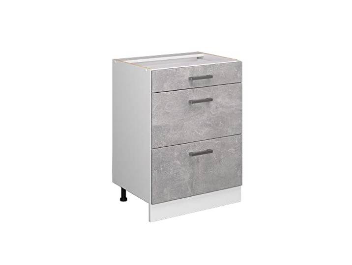 Vicco Küchenunterschrank R-Line, Beton, 60 cm 3 Schubladen · Ohne Arbeitsplatte · Höhenverst. Füße · Leichter Zugriff · Frei kombinierbar
