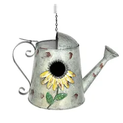 DanDiBo Vogelhaus zum Aufhängen Metall Deko Gießkanne Wetterfest 96255 Nistkasten Futterstation für Vögel Shabby mit Kette Metallkanne Kanne Balkon