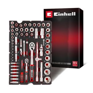 Einhell Steckschlüssel E-Case 370520, 60-teilig, 4-32mm & E10-E24 Schlüsselweite, 1/2, 1/4 Zoll Umschaltknarren