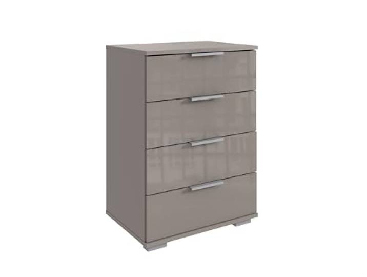 möbelando Hochkommode >Easy Plus< mit 4 Schubladen aus Spanplatte in Saharagrau mit Glasfronten, Maße 52/74/38 cm, modernes Design, Made in Germany, zerlegt geliefert
