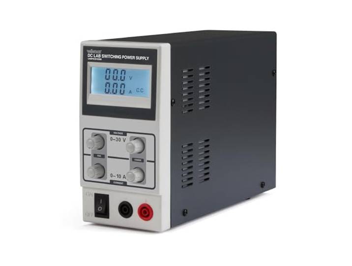 Velleman Laboratoriumvoeding, variabele DC-voeding, regelbaar, 0-30 VDC/0-10 A, stroombegrenzing, bescherming tegen kortsluiting, zekering T 5 A (traag), 2 x 3-cijferig lcd-scherm