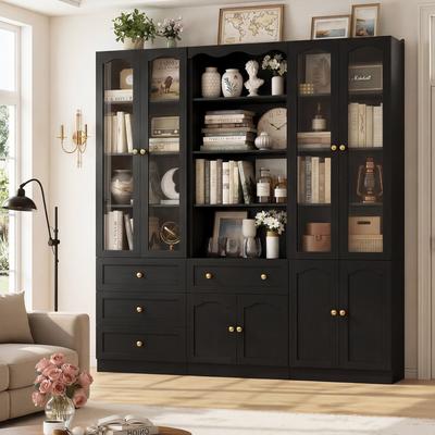Rackcog "80""Tall Modular Bookcase with Wood Drawers, Glass Door Display Cabinet Kitchen Pantry Organizer"