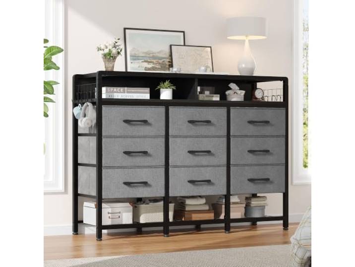 iPormis Kommode, Kommode mit 9 Stoffschubladen, Kommode mit Schubladen, Komodenschrank, Stoffkommode, Für Schlafzimmer, Flur und Wohnzimmer, Grau