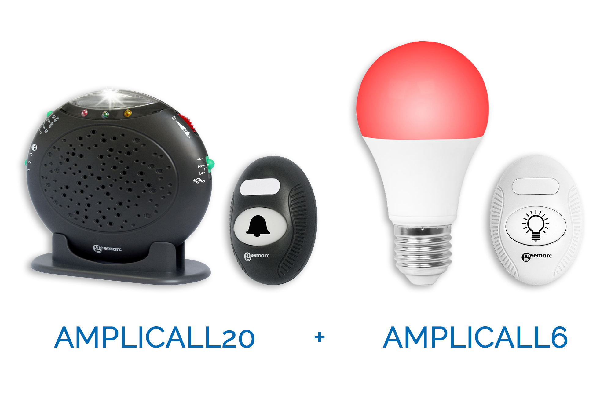 Geemarc AMPLICALL PACK 20-6 verstärkte Telefon-Zusatzklingel und Funk-Türklingel (max 95 dB) mit Blitzlicht und smarte Glühbirne