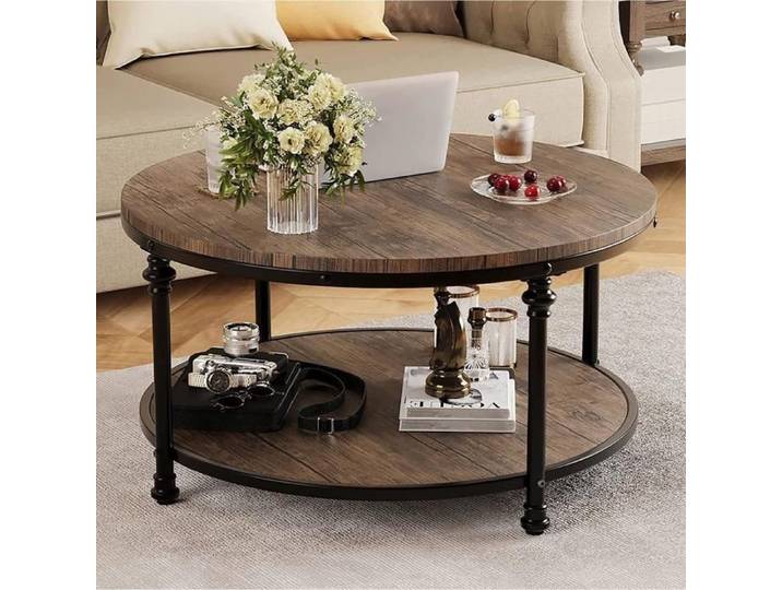 Table basse ronde rustique deux niveaux cadre métal bois moderne montage simple salon