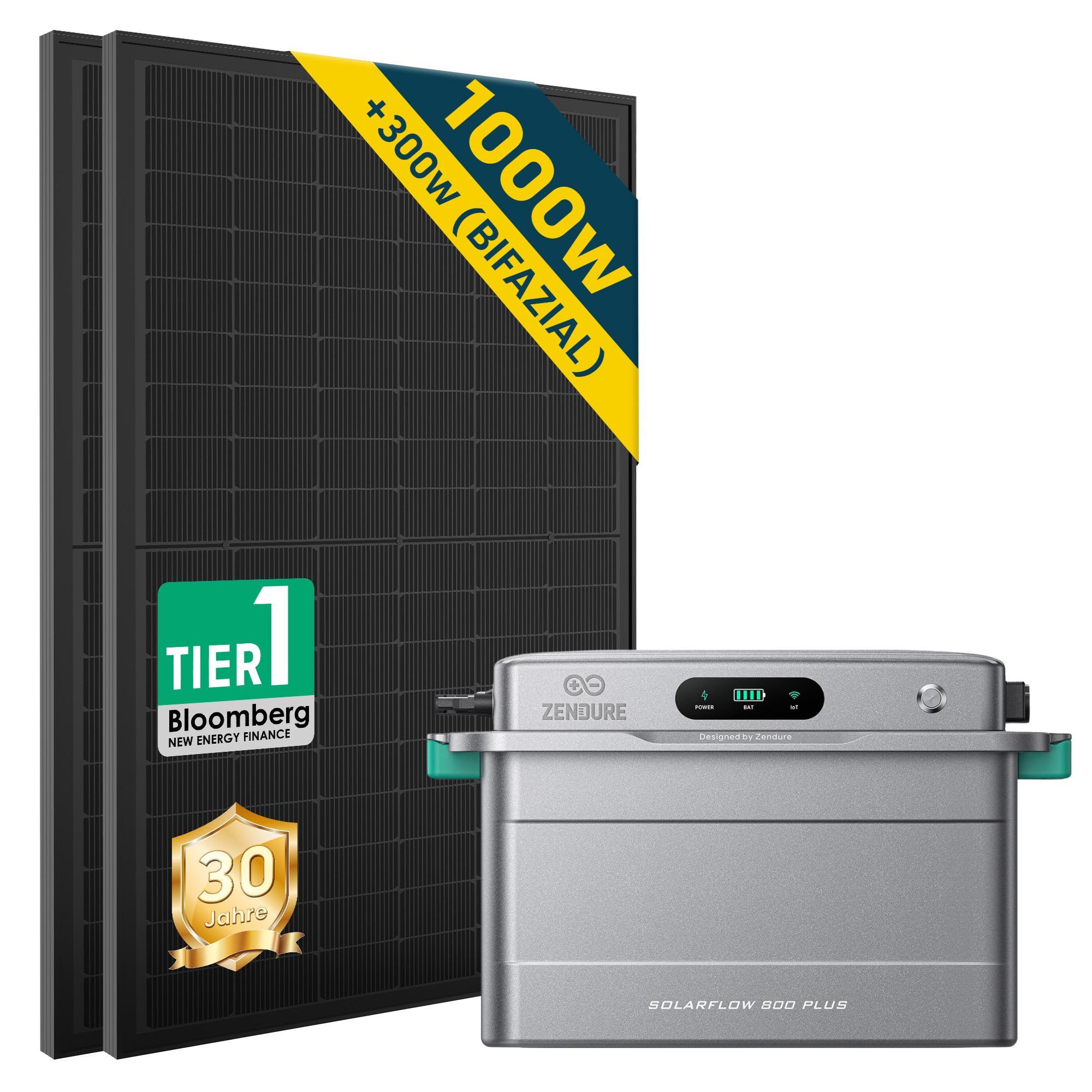 ALLDREI Balkonkraftwerk mit Speicher Zendure SolarFlow 800 PLUS 1.92kWh, 2 MPPT, Komplettset mit 2*500W Bifazialer Solarpanel