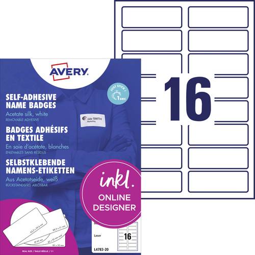 Avery-Zweckform L4783-20 Namens-Etiketten 88.9 x 31mm Acetatseide Weiß 320 St. Wiederablösbar Laserdrucker, Farblaserdrucker