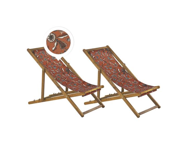 Beliani Gartenliege 2er-Set hellbraun Textil weiß/rot Pflanzenmotiv Anzio, Hellbraun, Weiß, Rot, 54x70x97 cm, Gartenmöbel, Gartenliegen