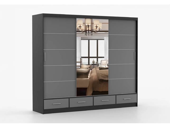 Schwebetürenschrank FLORENCE 250 cm Schwarz Grau + Spiegel