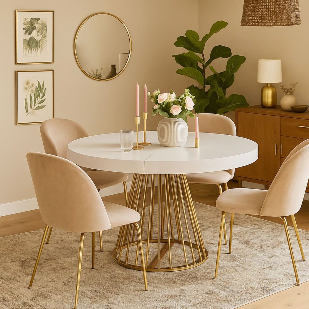 Menzzo Table ronde extensible blanc pieds doré Blanc 110x76x110cm