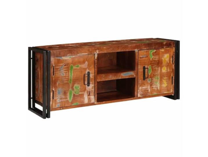 KTHLBRH TV-Schrank mit Regal 120 x 30 x 50 cm Mehrfarbig Holz Recycling Schwarze Eisenbeine, großer Stauraum, rustikales Design, für Wohnzimmer