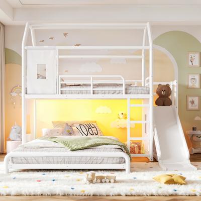 GREATPLANINC House Metal Bunk Bed with Slide Ladder LED Light Storage Cabinet