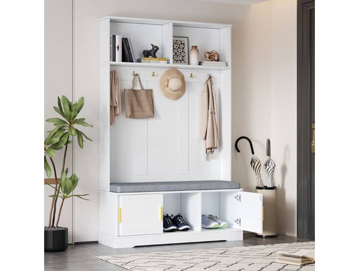 Ensemble Porte-manteaux avec Banc à Chaussures Porte-Manteau avec 3 Crochets Suspendus Armoire d'Entrée Blanc 120x40x191cm
