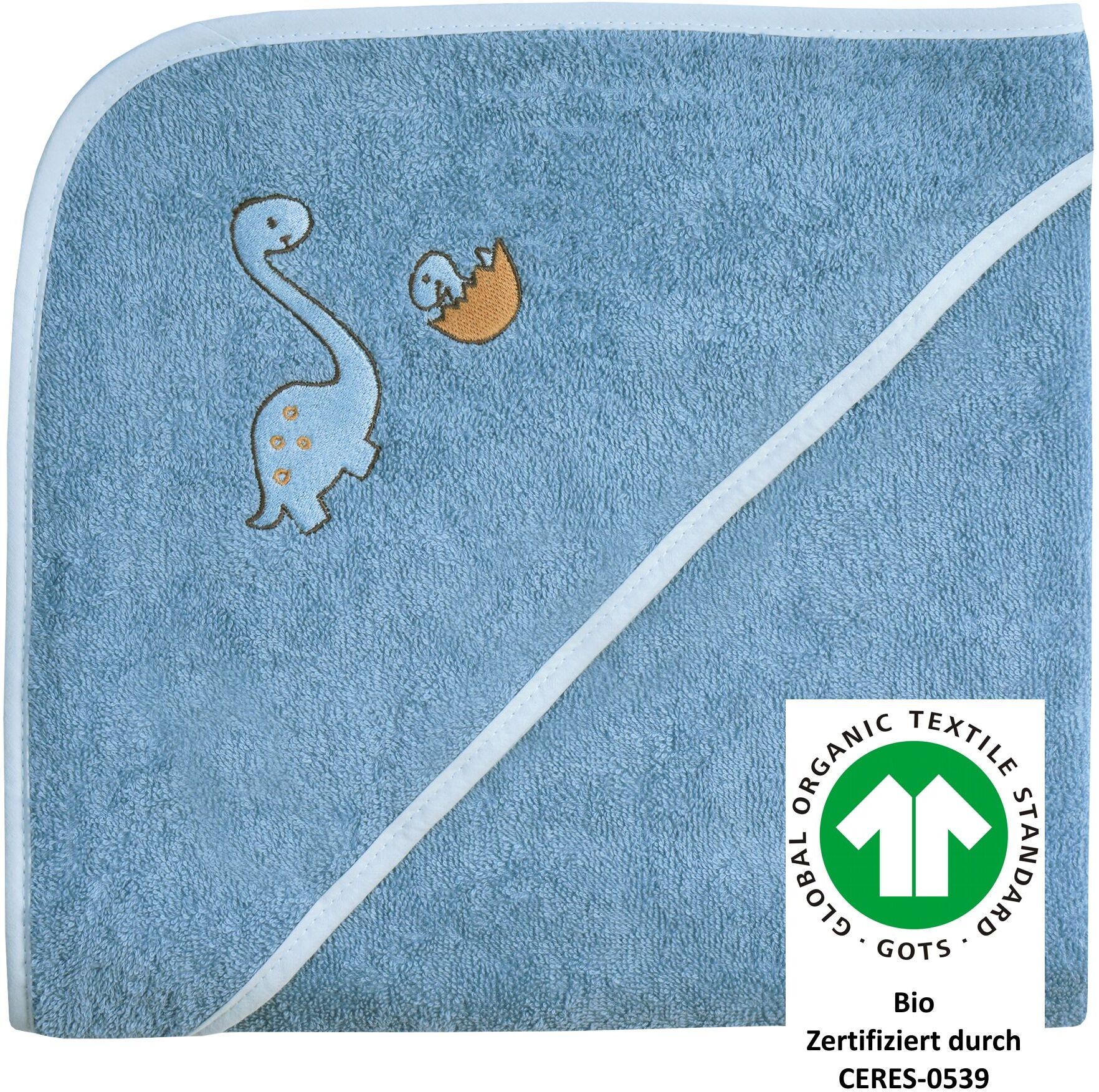 Kapuzenhandtuch WÖRNER "Dinofamilie", blau (stahlblau), B:100cm L:100cm, Frottee, Frottee, Handtücher, Kapuzenhandtuch, Biobaumwolle, mit Kapuze, maschinenwaschbar, trocknergeeignet stahlblau B/L: 100cmx100cm, 1 Stk., Frottee