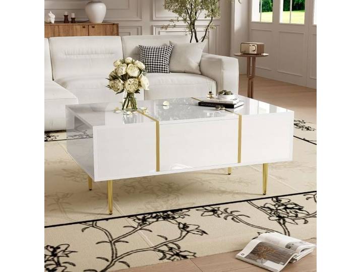 Table basse - DREAMMESPACE - 100x60x41.5cm - MDF Blanc - 2 tiroirs - Brillant