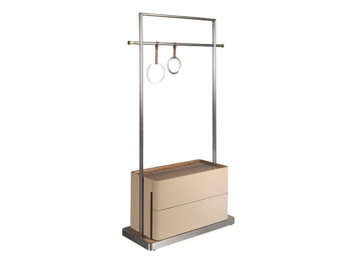 Angel Cerda Kleiderständer Kunstleder (Nerz) mit Nussbaumfurnier und Edelstahlstange, Braun, Metall, Echtholz,Nussbaum, Essen/Getränk, 2 Schubladen, Rechteckig,Rechteckig, 90x180x42 cm, Garderobe, Garderobenständer