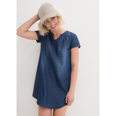 Tunikakleid BONPRIX, Damen, Gr. 50, N-Gr, Kurzarm, Denim/Jeans, blau (blau denim used), Denim/Jeans, Obermaterial: 100% Baumwolle, unifarben, A-Linie Po-bedeckend, V-Ausschnitt, angesetztes Bündchen, Kleider, für entspannten Look, aus Baumwolle, in...