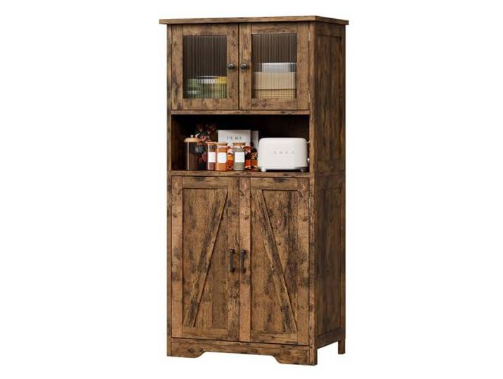 GarveeMore 127 cm hoher Badezimmerschrank, freistehender Badezimmer-Aufbewahrungsschrank mit 4 Türen und verstellbaren Einlegeböden, Schrank für Küche, Vorratsraum Wohnzimmer, Vintage