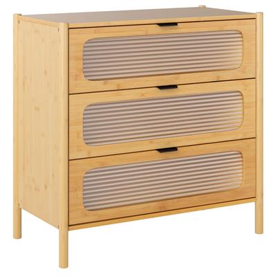 COSTWAY Kommode mit 3 Schubladen, Mid-Century-Stil mit geriffelter Glasfront, Bambus, Natur