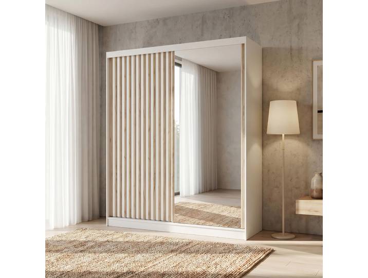 BEAUTYSOFA Kleiderschrank DONATELLO 180 cm Weiß/Artisan mit Spiegel, Lamellen und 2 Schubkasteneinsatze, Schwebetürenschrank modern