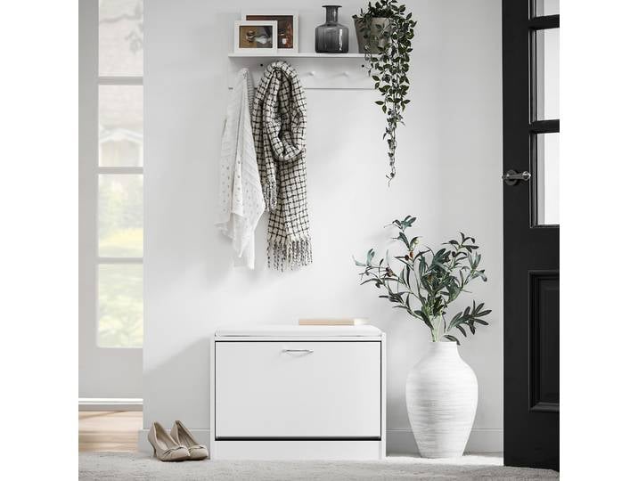 SoBuy FSR16 Banc à chaussures avec coussin de siège, étagère à chaussures, meuble à chaussures avec 1 compartiment rabattable, meuble à chaussures étroit BHT approx. 60x46x30cm