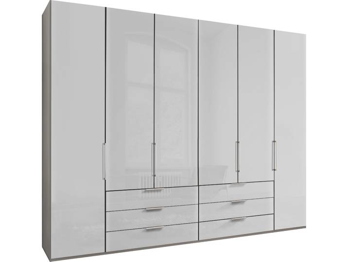 Falttürenschrank, Grau & Weiß, 295,3x236x58 cm, Floatglas & Holzwerkstoff, 6 Türen & Schubladen, Modern, Wiemann
