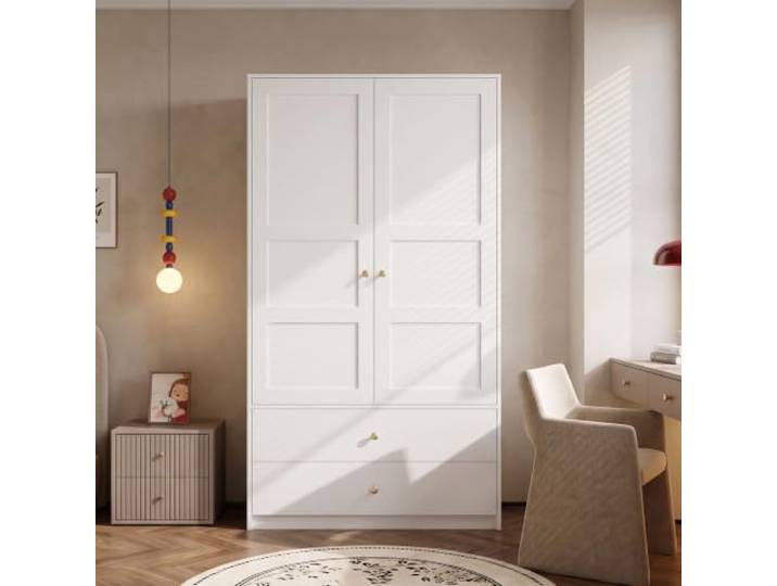 Kleiderschrank 100x48x180cm Weiß 2 Türen 2 Schubladen Kleiderstange Kinderschrank mit Folienrelief Türen und Metallbeschlägen für Schlafzimmer und Kinderzimmer