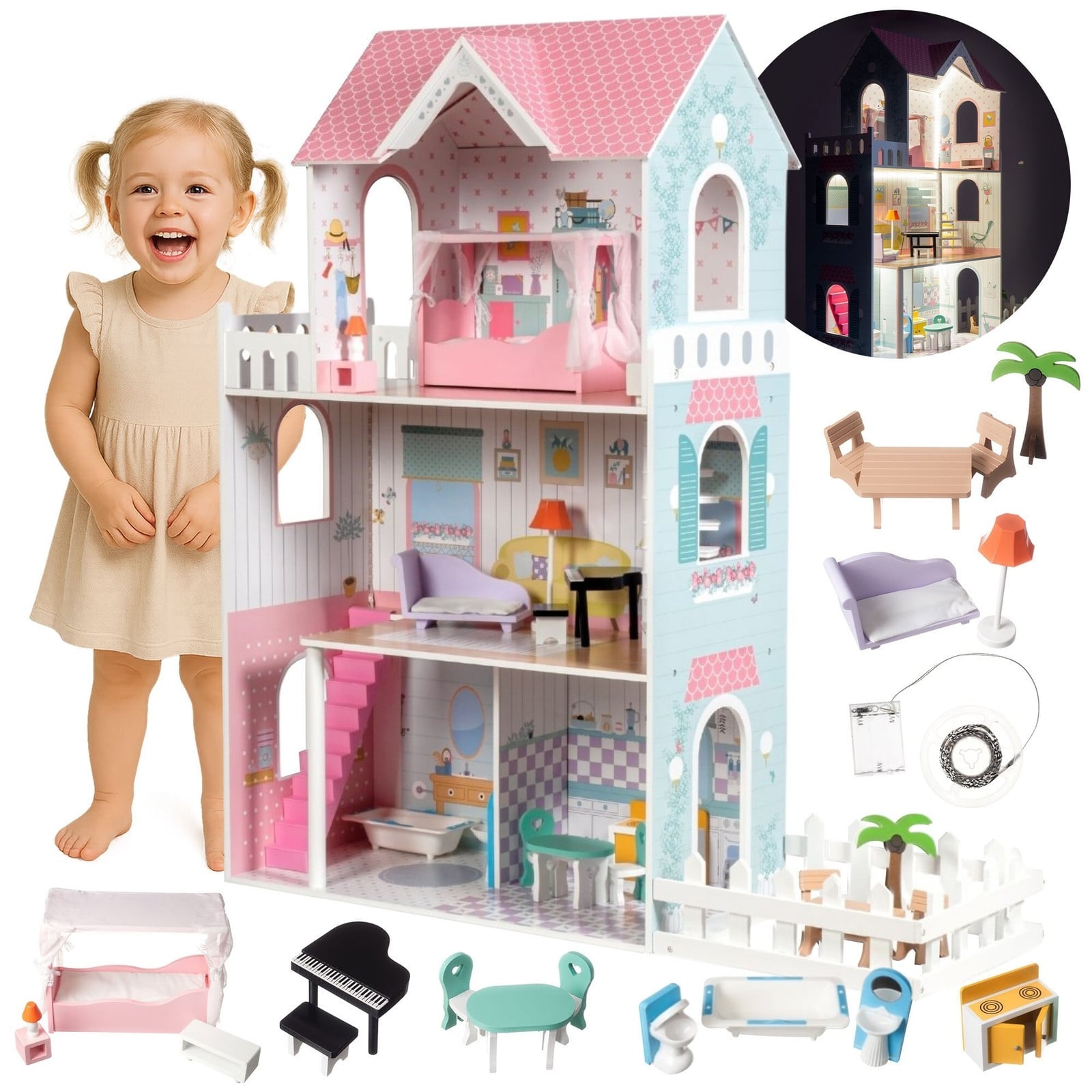 Mamabrum XXL Houten Poppenhuis met LED-verlichting en accessoires, 123 cm