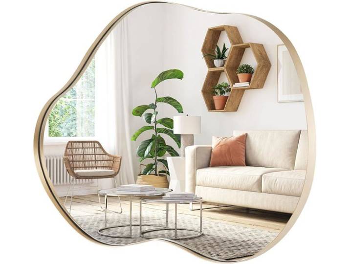 RELAX4LIFE Miroir Mural Irrégulier de Salle de Bain Miroir Suspendu Asymétrique Miroir Cosmétique Décoratif Doré 78 x 56 cm