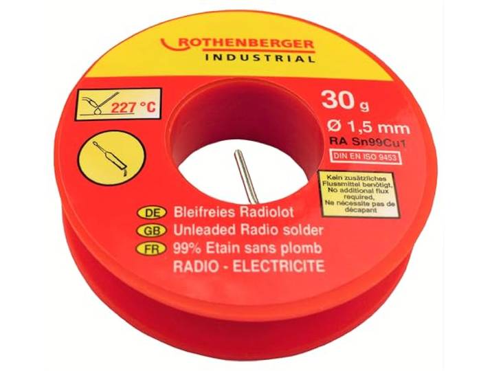 ROTHENBERGER Industrial Loodvrij radiosoldeer SN99Cu1 Ø 1,5 mm 30 g Samenstelling: Tin 99%, Koper 1% 1000002350