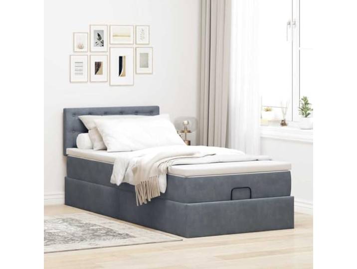 KTHLBRH Pouf Bett 90 x 200 cm mit Matratze und Samt Aufbewahrungsfach, Taschenfedern, Kopfteil inklusive, Dunkelgrau