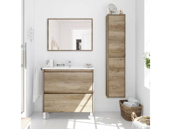 Ensemble Meubles Salle de Bain Moncalvo Dmora en Bois Mélaminé Chêne Marron