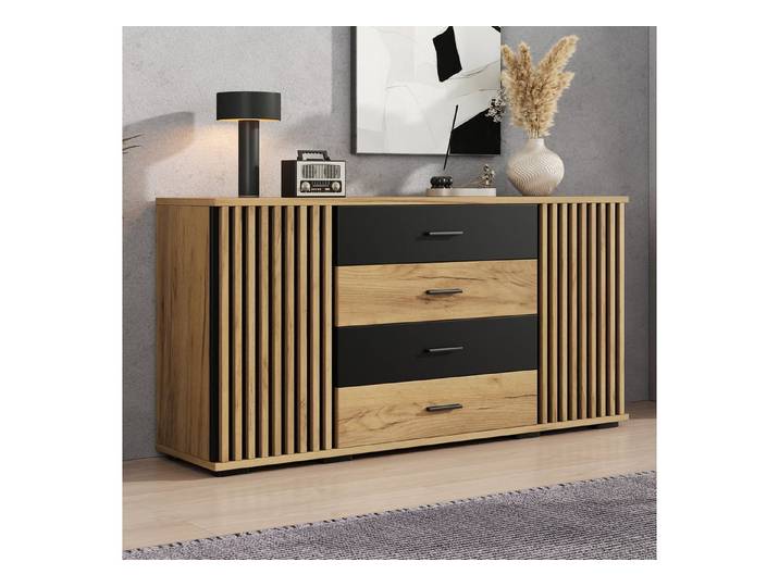 Merax Sideboard mit 4 Schubladen, 2 Türen, verstellbaren Einlegeböden & Stauraum (Wohnzimmerschrank 140x35x70cm, 1 St), Kommode mit vertikaler Rillenoptik & Eiche-Schwarz Design