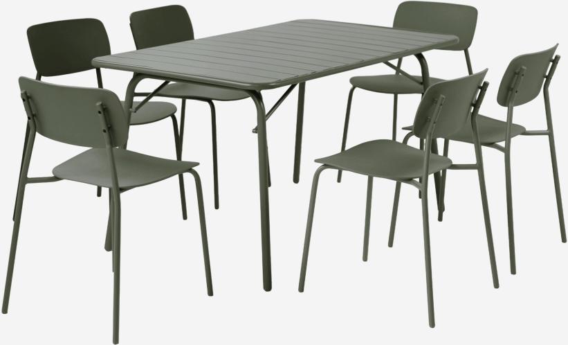 sweeek - Klappbarer Gartentisch aus Stahl + 6 Stühle - Khaki